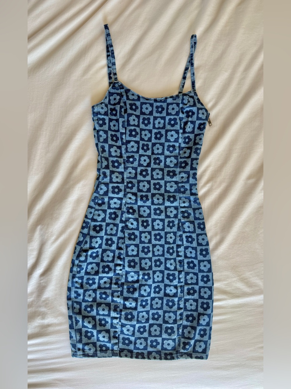 Blue Floral Checkered Denim Mini Dress